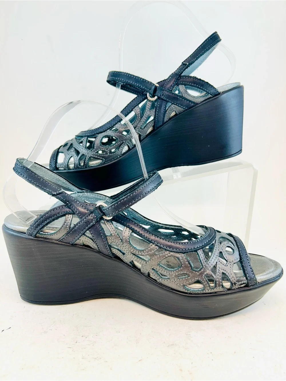 Naot Black Leather Metallic Road Deluxe Slingback Wedge Heel Sandals 8 39